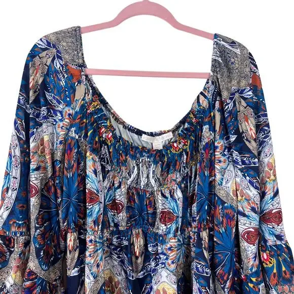 Boho Peacock Print Bell Sleeve Peasant Dress Flowy Festival XL - Picture 2 of 7